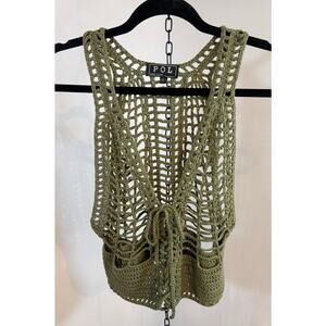 POL Olive Green Crochet Boho Vest Top Women’s Medium Tie Front Festival Layering
